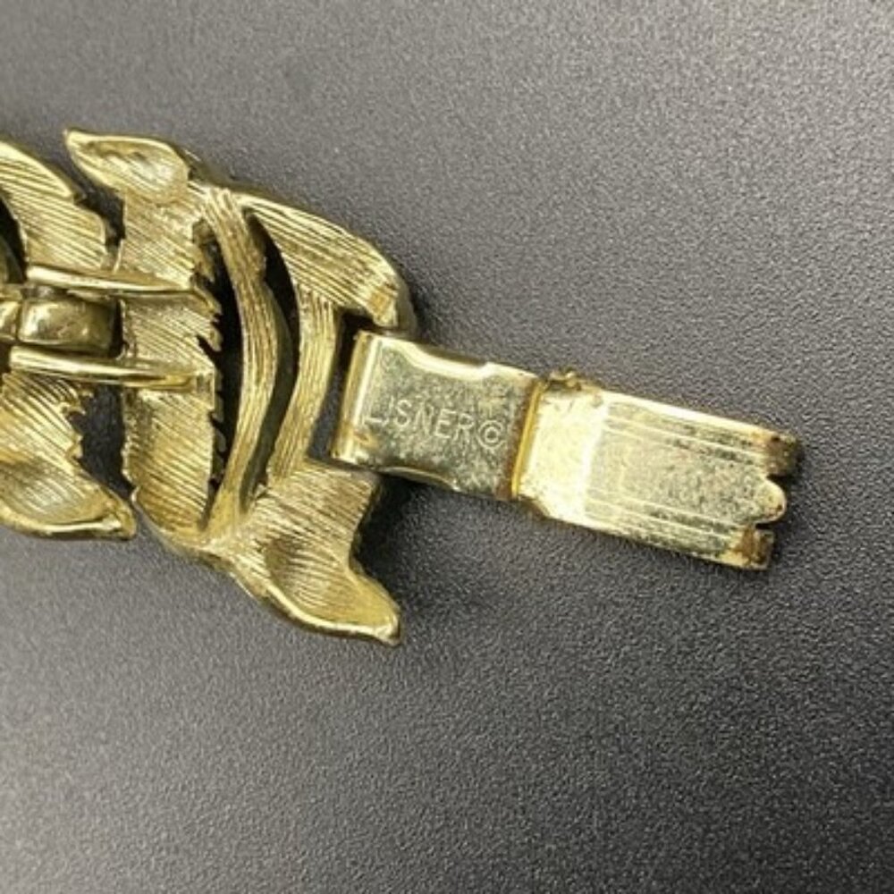 Vintage Lisner Gold Tone Leaf Link Bracelet 7x.75" Textured Feather Foldover - Picture 11 of 15
